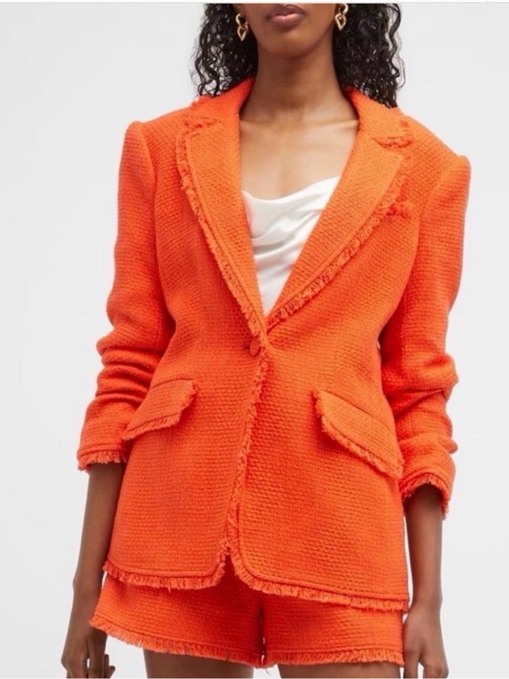 cinq a sept Khloe Orange Fringed Bouclé Blazer
